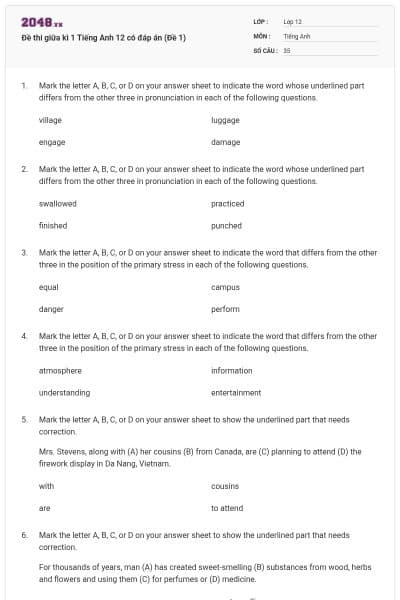 Đề thi giữa kì 1 Tiếng Anh 12 có đáp án (Đề 1)