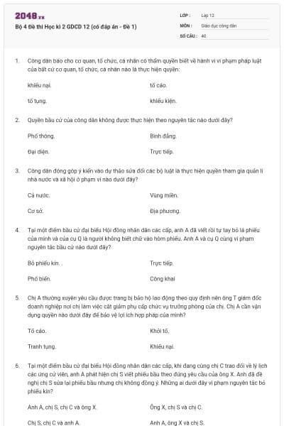 Bộ 4 Đề thi Học kì 2 GDCD 12 (có đáp án - Đề 1)