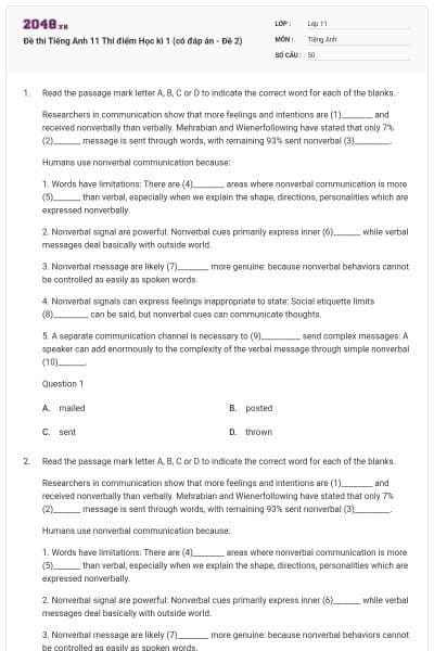 Đề thi Tiếng Anh 11 Thí điểm Học kì 1 (có đáp án - Đề 2)