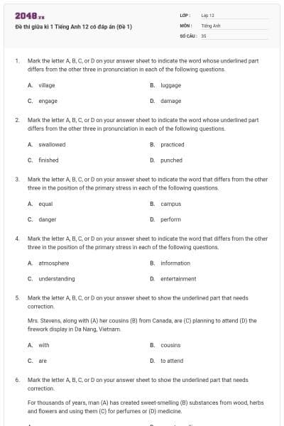 Đề thi giữa kì 1 Tiếng Anh 12 có đáp án (Đề 1)