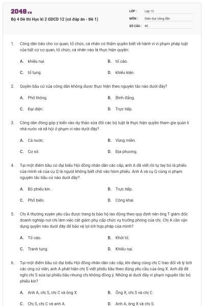 Bộ 4 Đề thi Học kì 2 GDCD 12 (có đáp án - Đề 1)