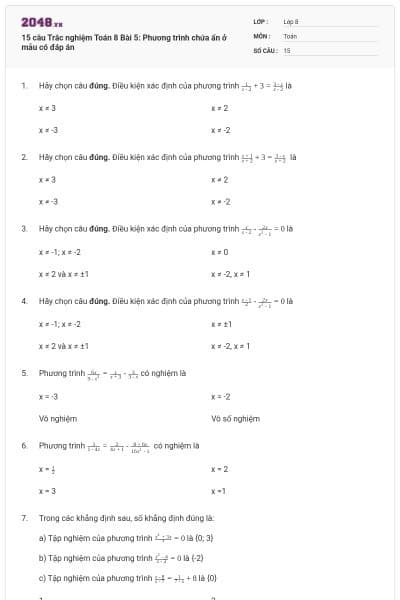 15 câu Trắc nghiệm Toán 8 Bài 5: Phương trình chứa ẩn ở mẫu có đáp án