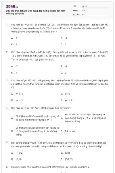 200 câu trắc nghiệm Ứng dụng đạo hàm để khảo sát hàm số nâng cao (P6)