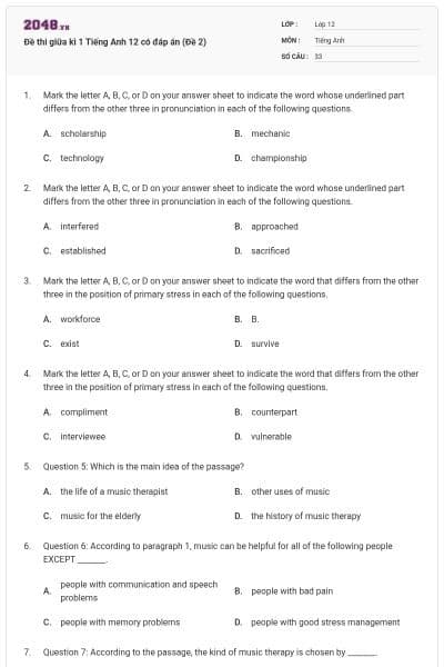 Đề thi giữa kì 1 Tiếng Anh 12 có đáp án (Đề 2)