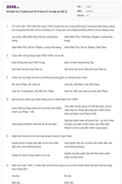 Đề kiểm tra 15 phút Lịch Sử 9 Học kì 2 có đáp án (Đề 3)