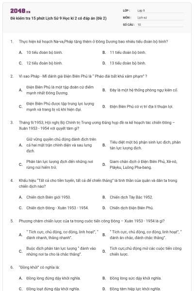 Đề kiểm tra 15 phút Lịch Sử 9 Học kì 2 có đáp án (Đề 2)
