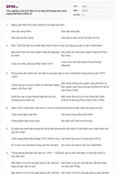 Trắc nghiệm Lịch Sử 9 Bài 15 (có đáp án) Phong trào cách mạng Việt Nam (Phần 2)