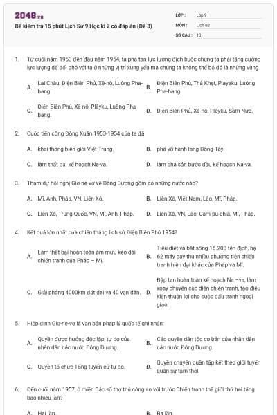 Đề kiểm tra 15 phút Lịch Sử 9 Học kì 2 có đáp án (Đề 3)