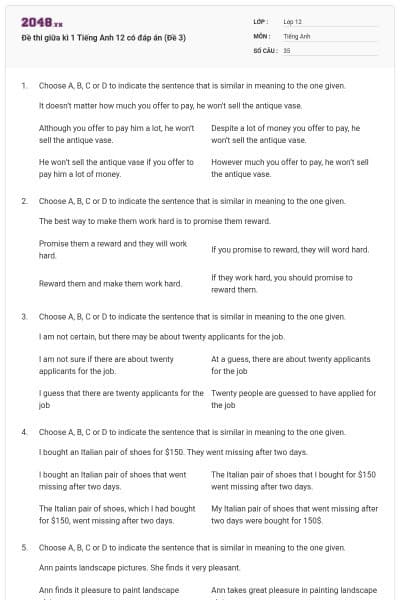 Đề thi giữa kì 1 Tiếng Anh 12 có đáp án (Đề 3)