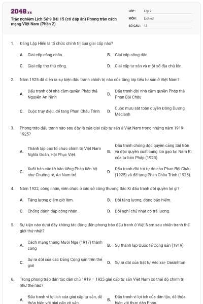 Trắc nghiệm Lịch Sử 9 Bài 15 (có đáp án) Phong trào cách mạng Việt Nam (Phần 2)
