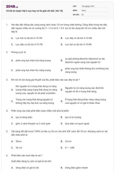 25 Đề ôn luyện Vật lí cực hay có lời giải chi tiết ( Đề 18)