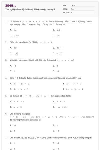 Trắc nghiệm Toán 9(có đáp án) Bài tập ôn tập chương 2