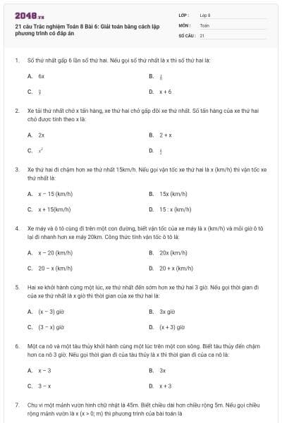 21 câu Trắc nghiệm Toán 8 Bài 6: Giải toán bằng cách lập phương trình có đáp án