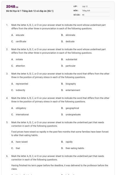 Đề thi Học kì 1 Tiếng Anh 12 có đáp án (Đề 1)