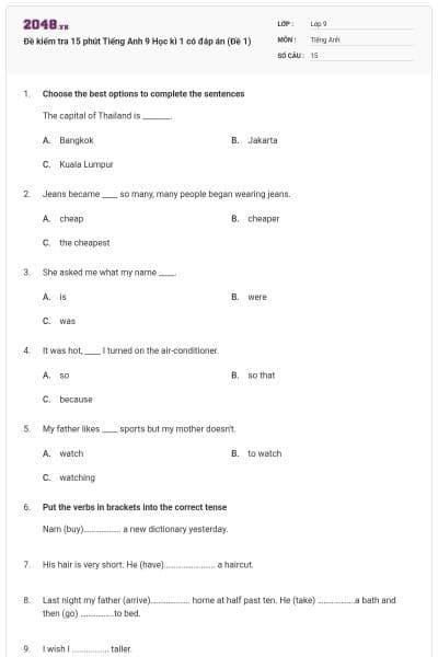 Đề kiểm tra 15 phút Tiếng Anh 9 Học kì 1 có đáp án (Đề 1)