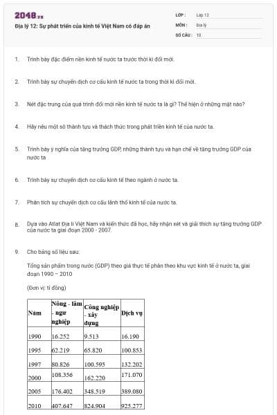 Địa lý 12: Sự phát triển của kinh tế Việt Nam có đáp án