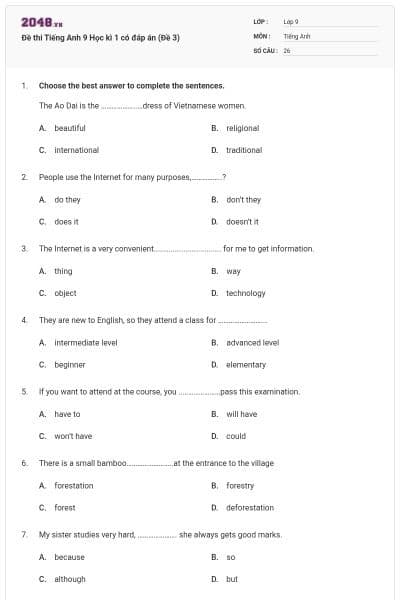 Đề thi Tiếng Anh 9 Học kì 1 có đáp án (Đề 3)