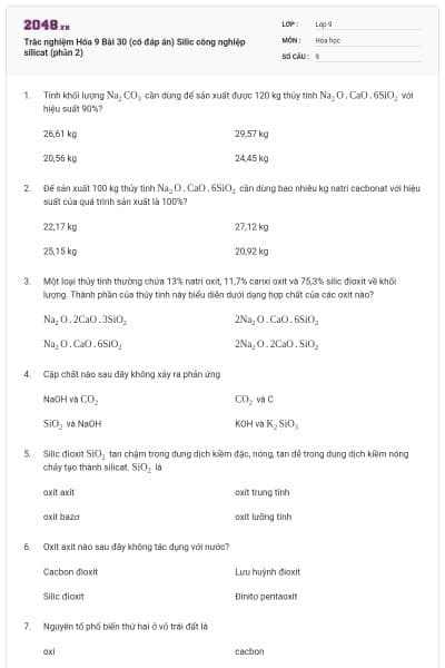 Trắc nghiệm Hóa 9 Bài 30 (có đáp án) Silic công nghiệp silicat (phần 2)