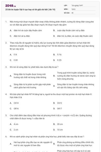 25 Đề ôn luyện Vật lí cực hay có lời giải chi tiết ( Đề 19)