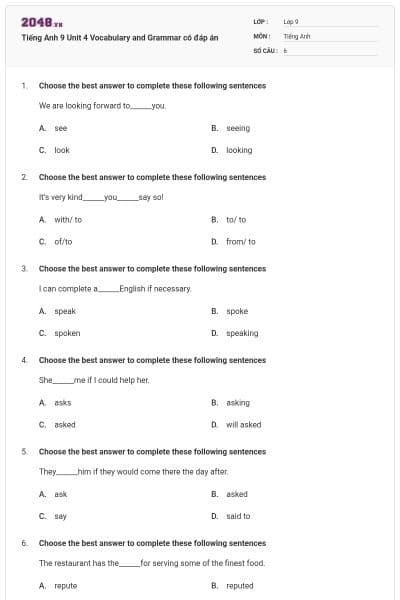 Tiếng Anh 9 Unit 4 Vocabulary and Grammar có đáp án