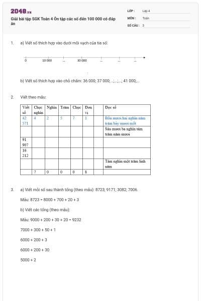 Giải bài tập SGK Toán 4 Ôn tập các số đến 100 000 có đáp án