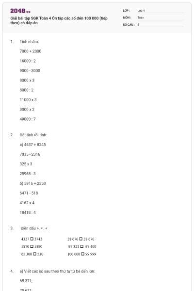 Giải bài tập SGK Toán 4 Ôn tập các số đến 100 000 (tiếp theo) có đáp án