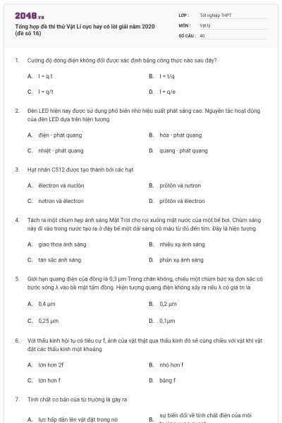 Tổng hợp đề thi thử Vật Lí cực hay có lời giải năm 2020 (đề số 16)