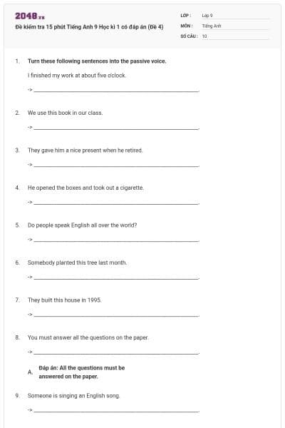 Đề kiểm tra 15 phút Tiếng Anh 9 Học kì 1 có đáp án (Đề 4)