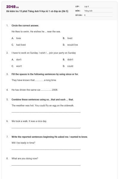 Đề kiểm tra 15 phút Tiếng Anh 9 Học kì 1 có đáp án (Đề 5)