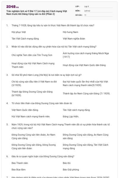 Trắc nghiệm lịch sử 9 Bài 17 (có đáp án) Cách mạng Việt Nam trước khi Đảng Cộng sản ra đời (Phần 2)