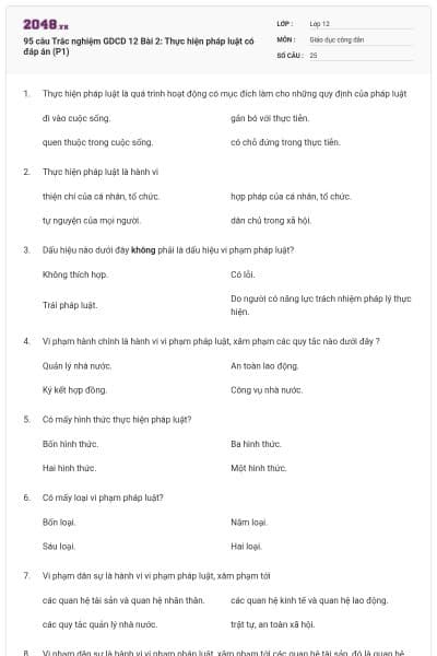 95  câu Trắc nghiệm GDCD 12 Bài 2: Thực hiện pháp luật có đáp án (P1)