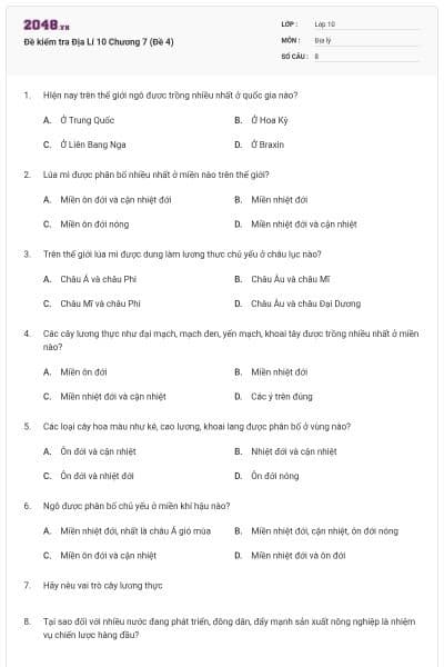 Đề kiểm tra Địa Lí 10 Chương 7 (Đề 4)