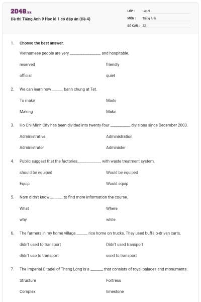 Đề thi Tiếng Anh 9 Học kì 1 có đáp án (Đề 4)