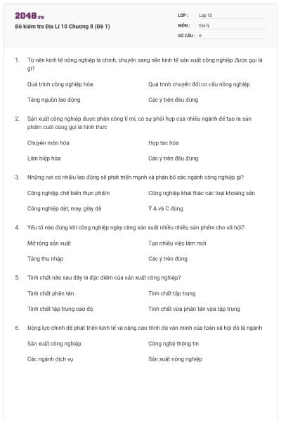 Đề kiểm tra Địa Lí 10 Chương 8 (Đề 1)