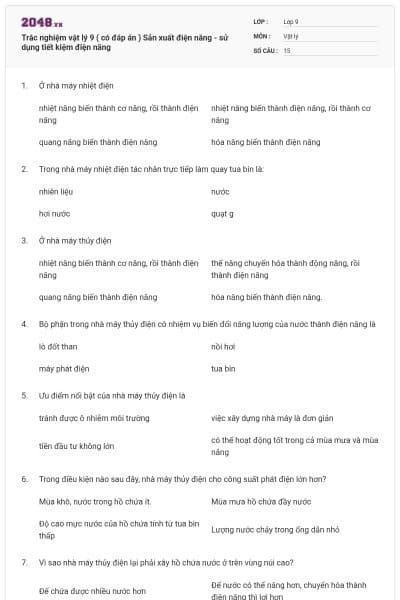 Trắc nghiệm vật lý 9 ( có đáp án ) Sản xuất điện năng - sử dụng tiết kiệm điện năng