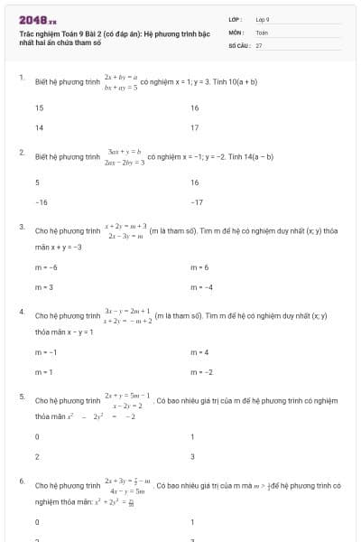 Trắc nghiệm Toán 9 Bài 2 (có đáp án): Hệ phương trình bậc nhất hai ẩn chứa tham số