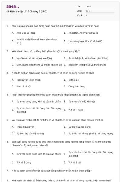 Đề kiểm tra Địa Lí 10 Chương 8 (Đề 2)
