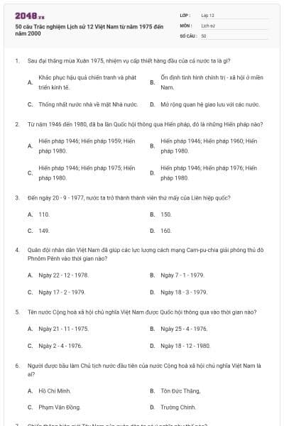 50 câu Trắc nghiệm Lịch sử 12 Việt Nam từ năm 1975 đến năm 2000