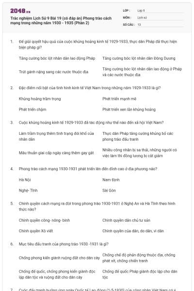 Trắc nghiệm Lịch Sử 9 Bài 19 (có đáp án) Phong trào cách mạng trong những năm 1930 - 1935 (Phần 2)