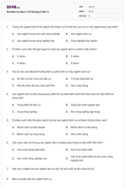 Đề kiểm tra Địa Lí 10 Chương 9 (Đề 1)