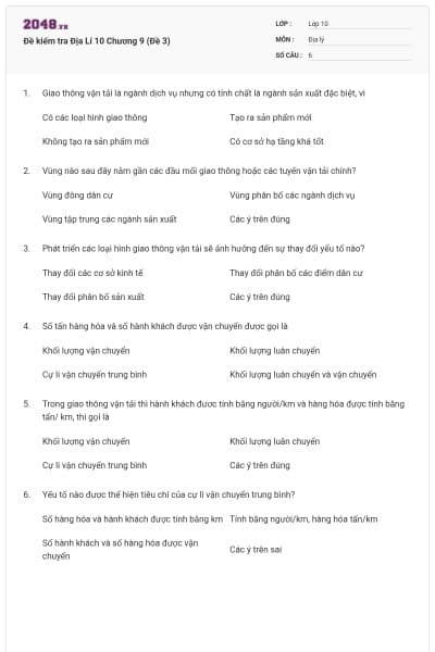 Đề kiểm tra Địa Lí 10 Chương 9 (Đề 3)