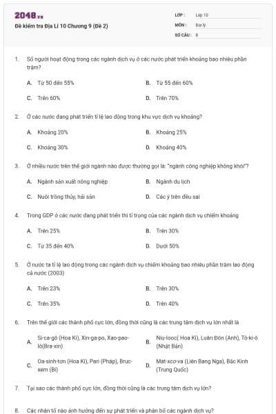 Đề kiểm tra Địa Lí 10 Chương 9 (Đề 2)
