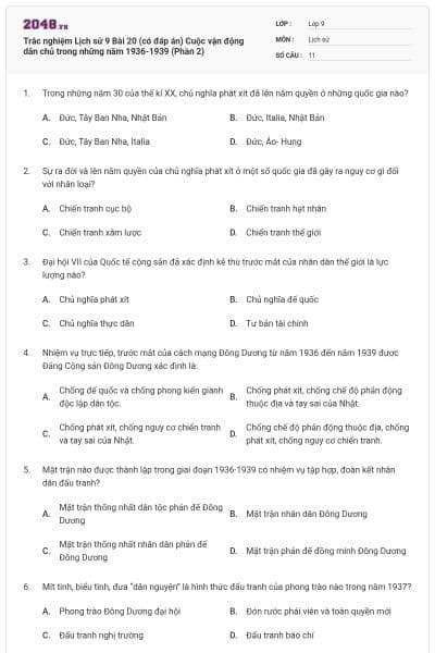 Trắc nghiệm Lịch sử 9 Bài 20 (có đáp án) Cuộc vận động dân chủ trong những năm 1936-1939 (Phần 2)