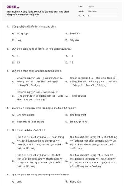 Trắc nghiệm Công nghệ 10 Bài 46 (có đáp án): Chế biến sản phẩm chăn nuôi thủy sản