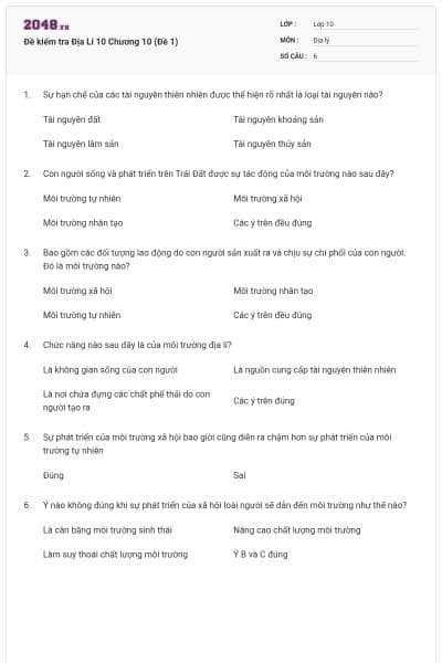 Đề kiểm tra Địa Lí 10 Chương 10 (Đề 1)
