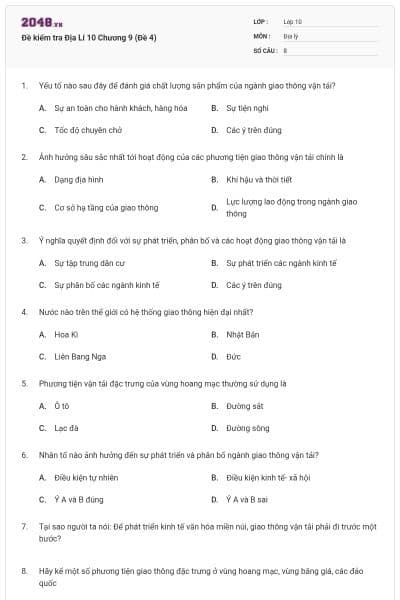 Đề kiểm tra Địa Lí 10 Chương 9 (Đề 4)