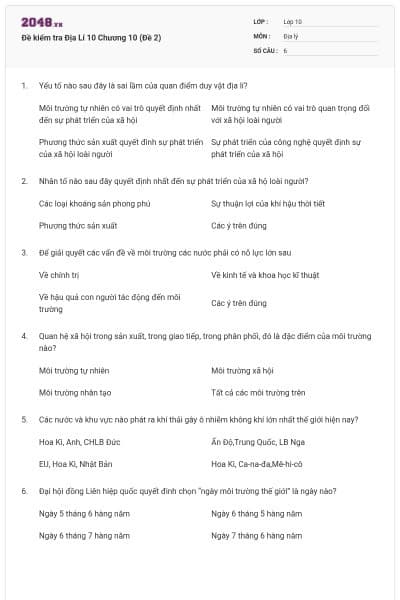 Đề kiểm tra Địa Lí 10 Chương 10 (Đề 2)