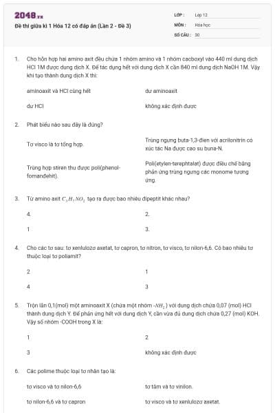 Đề thi giữa kì 1 Hóa 12 có đáp án (Lần 2 - Đề 3)