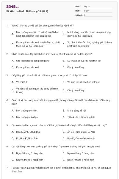Đề kiểm tra Địa Lí 10 Chương 10 (Đề 2)