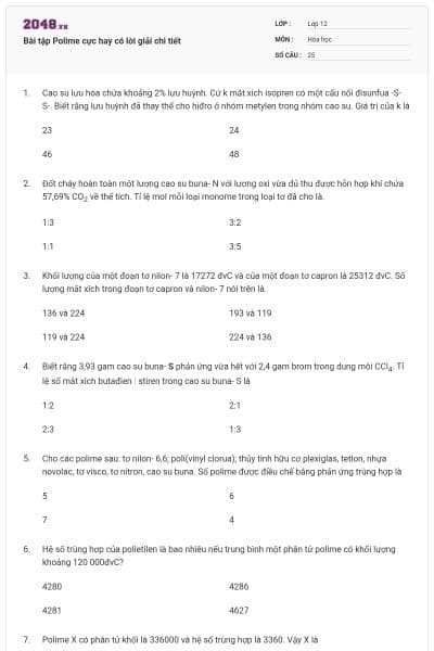 Bài tập Polime cực hay có lời giải chi tiết